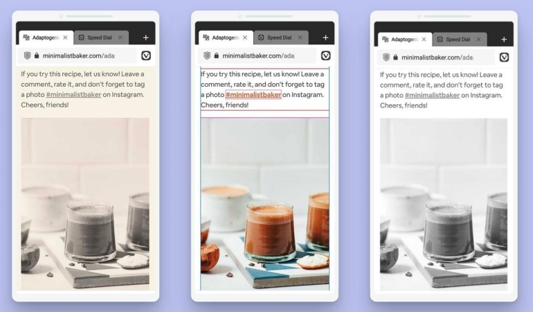 Android’deki Vivaldi tarayıcısı, sayfaların görünümünü değiştirmenize izin veriyor