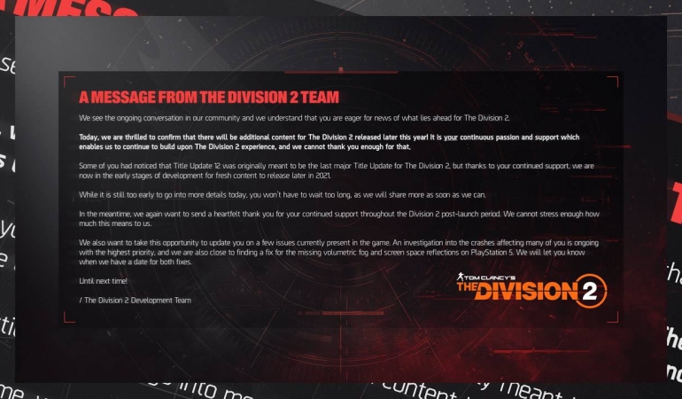 Division 2 sisi hala eksik, ancak güncellemeler bitmedi