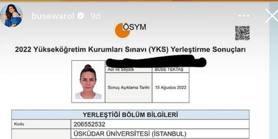 Oyuncu Buse Varol Tektaş’ın üçüncü üniversite sevinci!