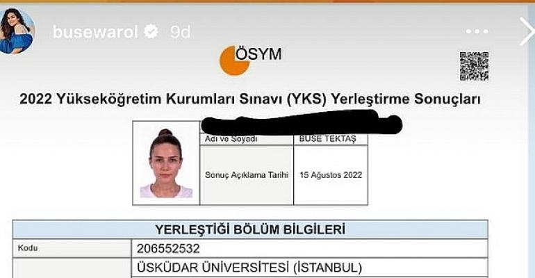 Oyuncu Buse Varol Tektaş’ın üçüncü üniversite sevinci!