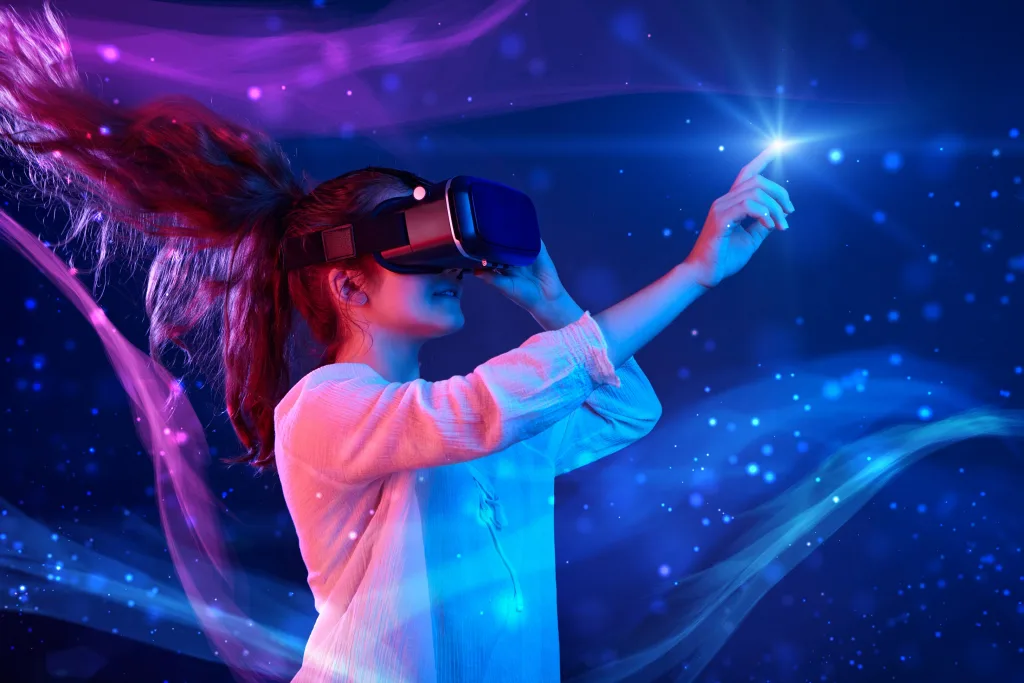 Woman,With,Glasses,Of,Virtual,Reality.,Future,Technology,Concept.,Colorful