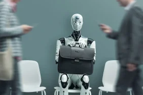 Business,People,And,Humanoid,Ai,Robot,Sitting,And,Waiting,For