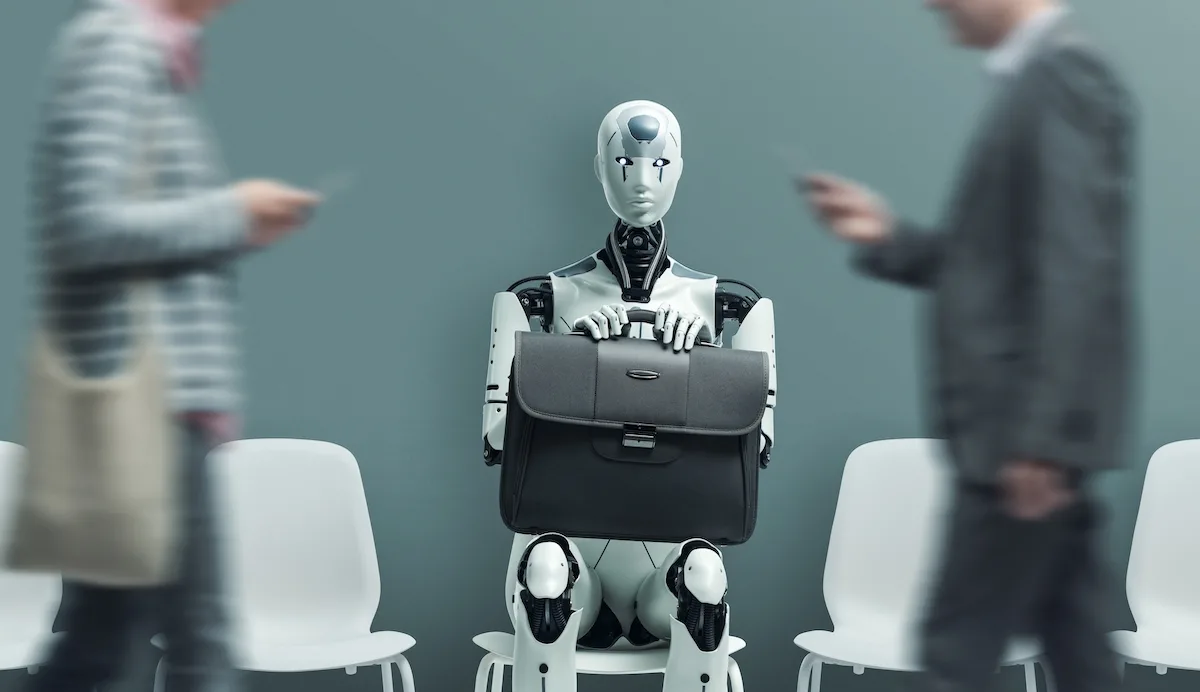 Business,People,And,Humanoid,Ai,Robot,Sitting,And,Waiting,For